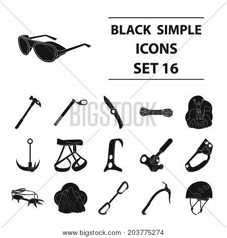 Ice ax, conquered top, mountains in the clouds and other equipment for mountaineering.Mountaineering set collection icons in black style vector symbol stock illustration .