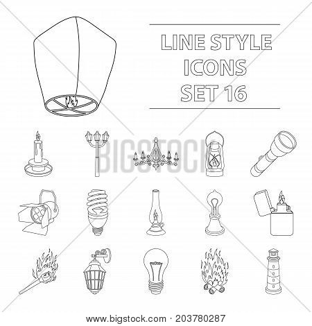 Light source set icons in outline style. Big collection of light source vector symbol stock