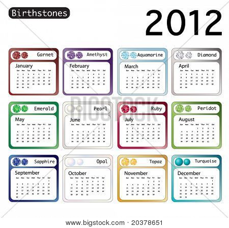 ปฏิทิน 2012 แสดง birthstones สำหรับแต่ละเดือน นอกจากนี้ยังพร้อมใช้งานในรูปแบบเวกเตอร์