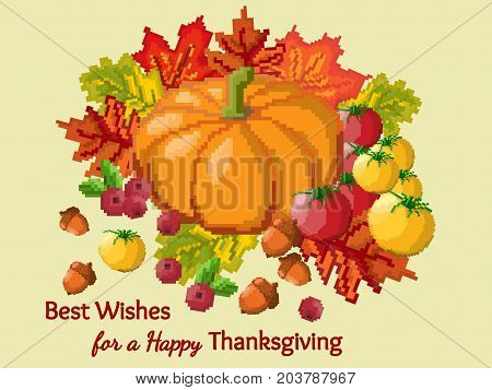 Thanksgiving card with pumpkin and leaves. Pixel art. Autumn background