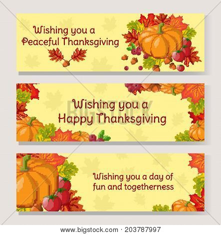 Thanksgiving Day banner set. Pixel art autumn composition with foliage, pumpkin and vegetables