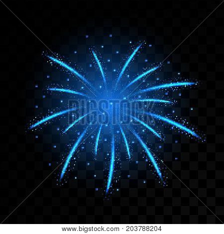 Vector blue fireworks on transparent backrgound. Night firework isolated. Carnival firecracker flash light effect.