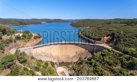 Aerial. dam Odiaxere, Bravura water storage, in the south of Portugal.
