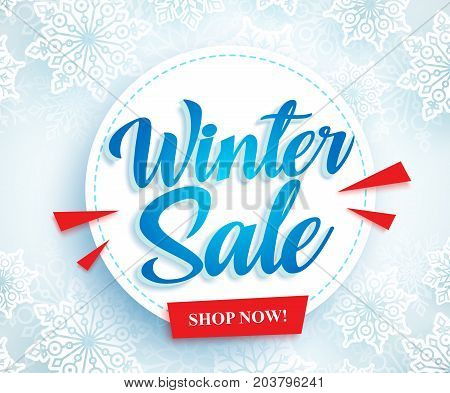 Winter sale vector banner design with white circle and blue sale typography text in snow background for season promotion. Vector illustration.