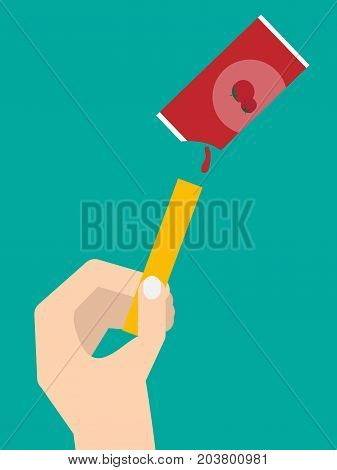 vector illustration hand holding french fries with ketchup
