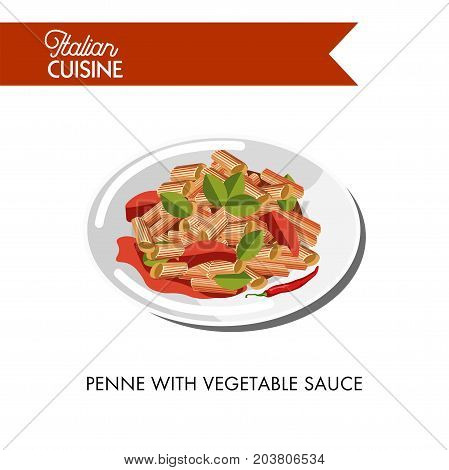 Penne with vegetable sauce and fresh herbs on plate isolated cartoon vector illustration on white background. Pasta with gravy made of ripe zucchini, young carrots, juicy tomatoes and spicy garlic.