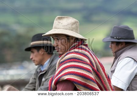 June 3 2017 Machachi Ecuador: closeup portrait of a cowboys in the andes wearing traditional clothing