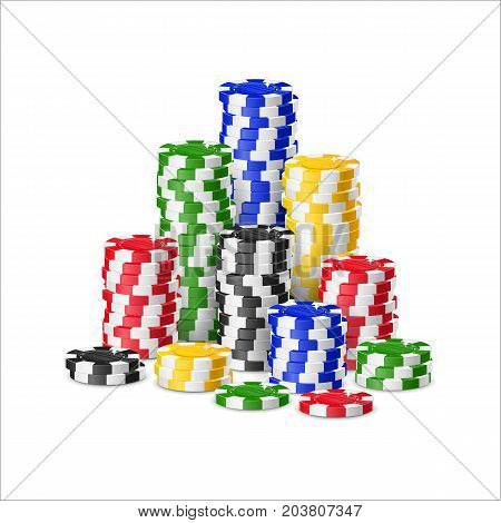 Chips piles cartoon style isolated. Heaps of casino chips of various heights for designers and illustrators. Bunch of stakes in the form of a vector illustration