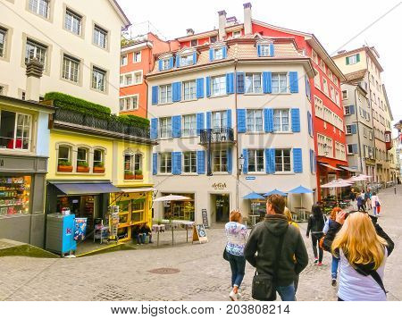 Zurich, Switzerland - May 02, 2017: The city center of Zurich, Switzerland. People on the background at Zurich, Switzerland on May 02, 2017