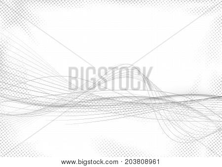 Modern abstract striped swoosh futuristic mild grey lines over white dotted halftone background. Elegant smooth speed gray wave stream. Vector illustration