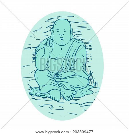Drawing sketch style illustration of Gautama Buddha also known as Siddhartha Gautama Shakyamuni Buddha an ascetic and sage in lotus sitting pose set inside oval.