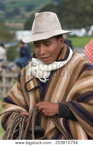 June 3 2017 Machachi Ecuador: closeup of a cowboy from the Andes region called 'chagra' in traditional wear