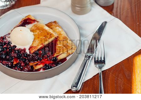 Delicious Pancakes With Banana Ice Cream And Coffee.