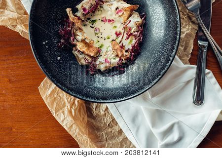 Bowl Of Oats Porridge. Healthy Breakfast On Wooden Table