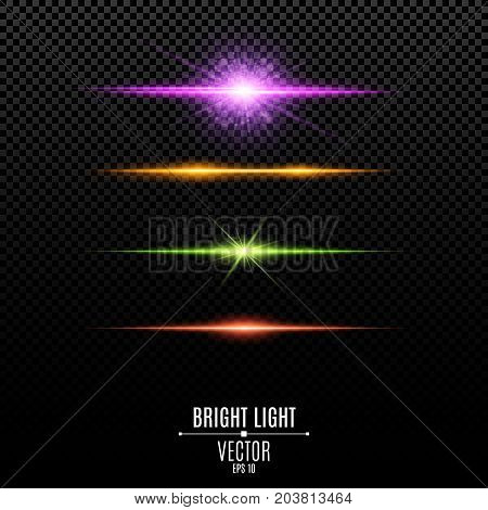 Set. Abstract purple orange green red glare and flashes isolated on a transparent background. Bright radiant star. Multicolor backlight and soft light. Vector illustration