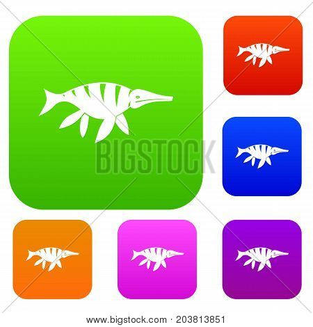 Aquatic dinosaur set icon color in flat style isolated on white. Collection sings vector illustration