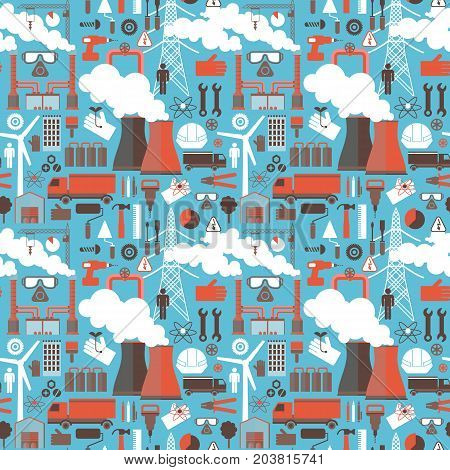 Industrial seamless pattern with smoking  chimneys trucks windmills working tools and accessories colored icons on blue background flat vector illustration