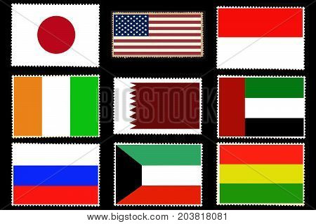 Set of nine flags of the world countries on posted stamps isolated on black background.Official colors and proportion of flags . Creative illustration