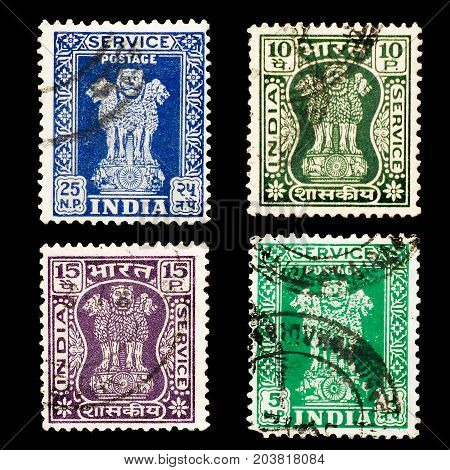 INDIA - CIRCA 1967: Set of used posted stamps printed in India, shows Lion  Capital of Asoka (National Emblem of India), circa 1967