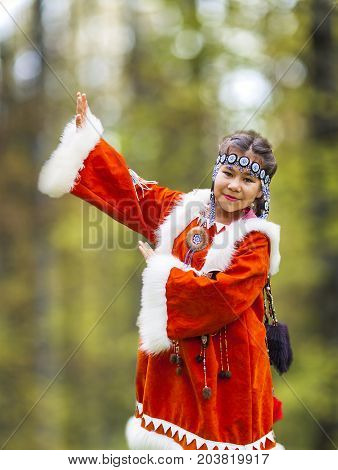 KAMCHATKA RUSSIA - SEPTEMBER 09 2017: Aborigine of Kamchatka dancing on dance marathon. Feast of the Aborigines of Kamchatka 