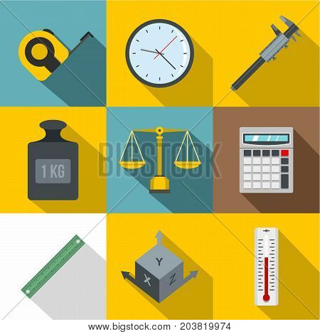 Measure precision icon set. Flat style set of 9 measure precision vector icons for web design