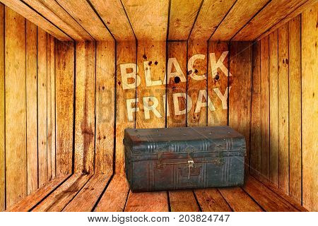 old iron treasure box and black friday words background in wooden room treasure trove for you concept