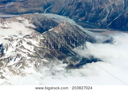 Aerial view of New Zealand mountains South Island. Photo is taken from airplane heading from Sydney to Christchurch.
