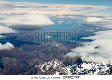 Aerial view of New Zealand mountains South Island. Photo is taken from airplane heading from Sydney to Christchurch.