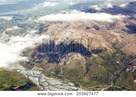 Aerial view of New Zealand mountains South Island. Photo is taken from airplane heading from Sydney to Christchurch.