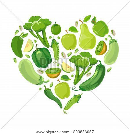 Heart with green vegetabels and fruits. Green raw organic food in form heart. Vector illustration