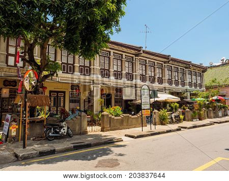 Penang Malaysia - April 242017: The heritage houses along the road to Mosque or Masjid Lebuh Aceh in UNESCO World Heritage Site George town Penang Malaysia