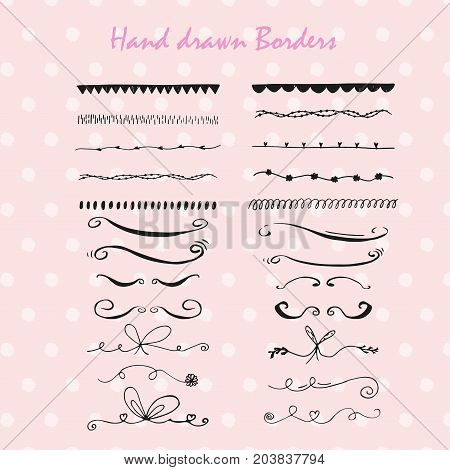 Collection of hand drawn ink borders for card invitation. Cute and unique swirls dividers for your stylish wedding or birthsday design. Isolated vector elements.