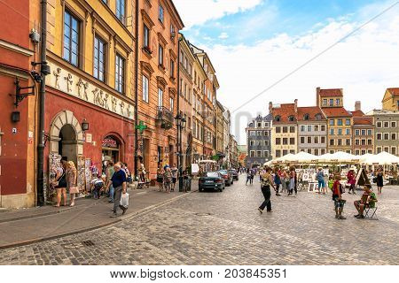 Warsaw, Poland - August 2, 2017: Architecture And People On The Street New World In Warsaw.