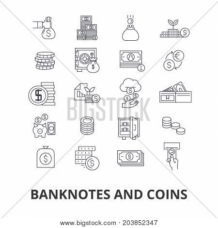 Banknotes and coins, money, euro, guilloche, bank, dollar, note, coins, bill line icons. Editable strokes. Flat design vector illustration symbol concept. Linear signs isolated on background