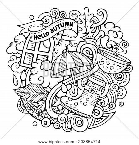 Cartoon vector doodles Autumn illustration. Line art detailed, with lots of objects background. All items are separate. Contour fall funny picture