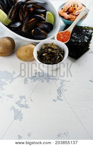 Food rich of iodine. Natural sources of iodine. Space for text