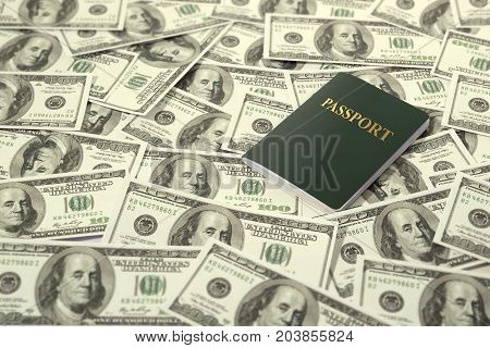 travel and currency concept. passport on dollars banknote pile as background.