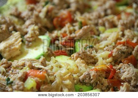Fresh vegetables ragout cooking, green whith meat