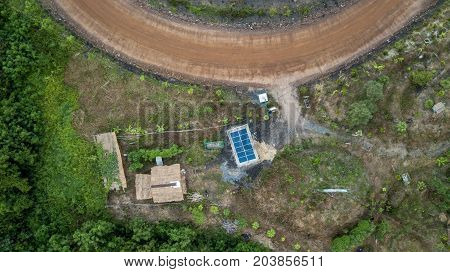 Aerieal View Solar Cell Building Rooftop Small House Countryside Use for Electricity in the house