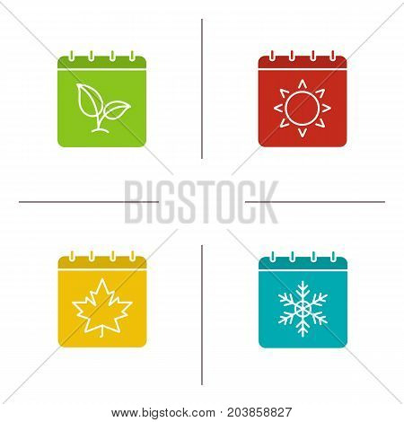 Seasons calendar glyph color icon set. Spring, summer, autumn, winter time. Four seasons. Silhouette symbols on white backgrounds. Negative space. Vector illustrations