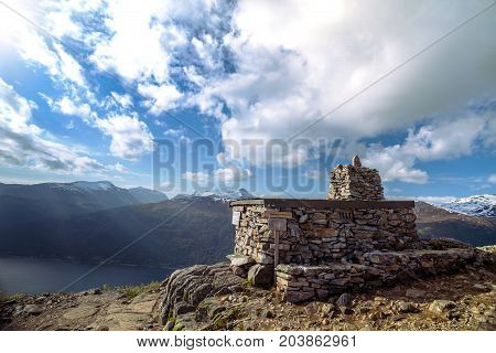 Rampestreken. Beautiful views of the Romsdalsfjorden and Andalsnes Norway. Top Nesaksla