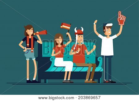 Vector flat illustration people character sport fans watching tv on cozy sofa. Woman and man with flags make up and accessories fans