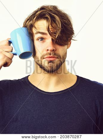 Caucasian Sexy Young Macho Holding Coffee Cup Or Mug