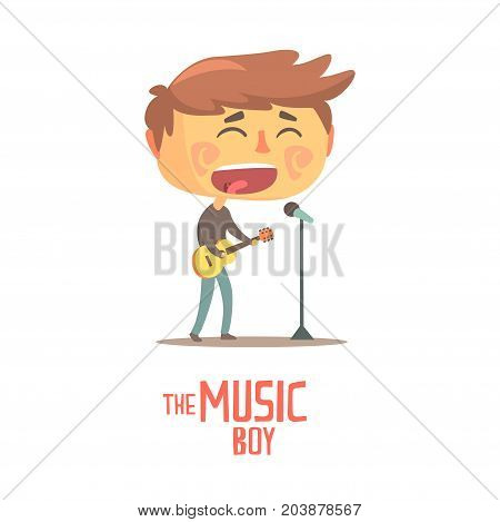 Boy playing guitar and siging, young musician cartoon vector Illustration on a white background