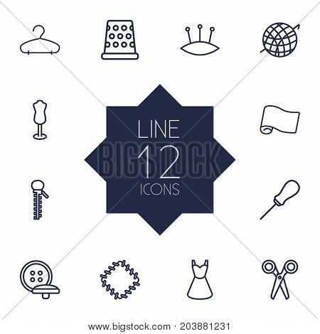 Collection Of Awl, Buttons, Dummy And Other Elements.  Set Of 12 Tailor Outline Icons Set.