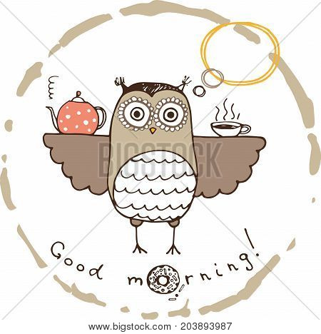 hand drawn card with funny owl and morning cup of tea
