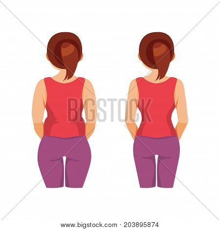Woman with overweight and slim woman. Before and after. Diet and fitness. Healthy lifestyle. Vector illustration