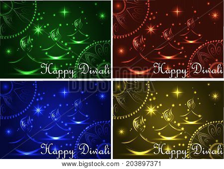 Happy Diwali. Light Background. Three Lampadka, An Oil Lamp With A Burning Fire On An Emerald, Red,