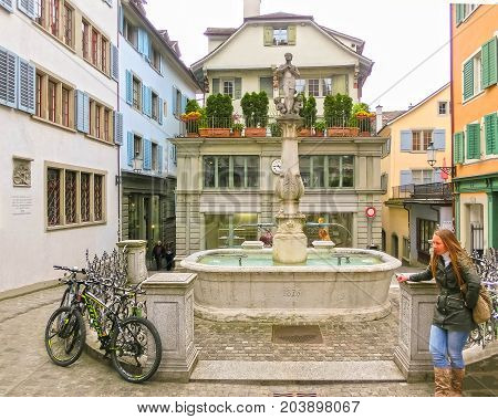 Zurich, Switzerland - May 02, 2017: The people going at center of Zurich, Switzerland on May 02, 2017