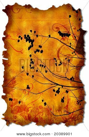 Página do manuscrito de grunge com bordas muito rasgadas, textura de papel rico, arabescos florais e galhos. Clippin